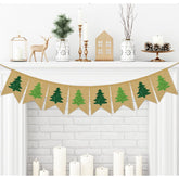 Christmas Burlap Banner Glitter Green Xmas Tree Pre-Assembled Bunting Garland For Christmas Winter Holiday Party Hanging Decorations