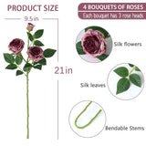 4Pcs Burgundy Artificial Roses Flowers Fake Silk Rose Flower With Leaves Stems Realistic Faux Floral Arrangement Decorations For Wedding Table Centerpieces Vase Home Decor (Burgundy)