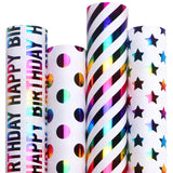 Birthday Wrapping Paper 30 Inch Iridescent Gift Wrapping Paper 4 Rolls Happy Birthday Polka Dots Stripes Stars Printed Assortment -120 Inch(10Feet) Per Roll
