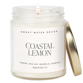 Coastal Lemon Scented Candles - Soy Candles With Lemon, Sea Salt, & Driftwood For Home Decor - Candle Wax With 40 Hours Burn Time - 9Oz Gold Lid Clear Jar Candles For Home Scented