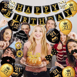 21St Birthday Decorations For Him - Black Gold Party Pack (76Pc), Includes Banner, Pennant, Swirls, Balloons, Tablecloths, Cupcake Toppers, Crown, Plates, Photo Props, Sash