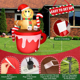 5Ft Christmas Inflatable Outdoor Decoration, Gingerbread Man In Coffee Mug Blow Up Led Light Christmas Inflatables Yard