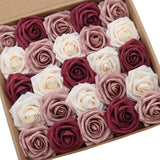 25Pcs Artificial Flower Cream & Dusty Rose & Burgundy Rose With Stem For Diy Wedding Bouquets Arch Floral Arrangements Wedding Flower Backdrop Bridal Shower Baby Shower Party Home Decor