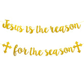Jesus Is The Reason For The Season Banner, Gold Glittery Christmas Holiday Banner, Funny Christmas Decorations Banner, Christmas Vacation Decorations,Christmas Holiday Decorations Xmas Decorations