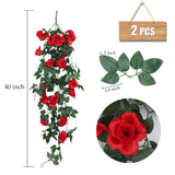 Hanging Flowers Artificial Plants 2Pcs 3.3Ft Rose Vine Flower For Home Room Garden Wedding Indoor Outdoor Decoration Valentine Rose Decor Gift (Red)