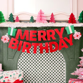 Merry Birthday Banner - Red Glitter, 5 Ft. | Christmas Bday Garland, Xmas Party Decoration, Winter Holiday Sign, Sparkly Photoshoot Backdrop