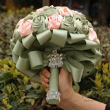 Handmade Wedding Flowers Bouquet Round Holding Bridal Bouquet Toss Artificial Rose Bunch For Bride Bridesmaid Wedding Quinceanera (Sage Green & Light Salmon Pink, 7.5")