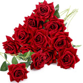 10 Pcs Red Roses Artificial Velvet Flowers, Fake Silk Rose Faux Look Real Florals For Valentine Diy Bouquet Wedding Centerpieces Party Home Decor