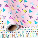 Reversible Birthday Wrapping Paper - Mini Roll - 17 Inch X 9.8 Feet - Pink Happy Birthday Wrapping Paper For Girls, Kids, Baby Shower