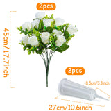 Artificial Cemetery Flowers, Set Of 2 Artificial Rose Bouquet Grave Memorial Flowers With Vase For Cemetery Headstones Decoration (White)