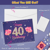 40Th Birthday Cards Pop Up 3D Cake - Fireworks Lights & Music & Blowable Candle Card Funny Happy 40Th Birthday Card Gifts For Women, Men, Mom, Grandma, Wife, Sister, Friend
