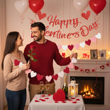 Glitter Red Happy Valentines Day Banner Red And Pink Heart Garland Banner, No Diy For Romantic Day Party Decorations