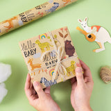 Baby Shower Wrapping Paper Roll - 17 Inches X 16.4 Feet - Cute Animal Design On Kraft Paper - Ideal For Baby Boy Or Neutral Gift Wrapping, Kids' Birthday Party And Baby Shower