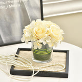 Artificial Rose And Hydrangea Silk Flower Centerpieces Faux Floral Arrangement In Glass Vase For Home Wedding Table Decoration (Champagne)