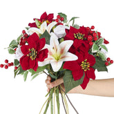 Poinsettias Artificial Christmas Flowers Cemetery Silk Christmas Floral Arrangements With Lily Rose Red Holly Berries Winter Flowers Christmas Picks For Xmas Home Vase Table Grave