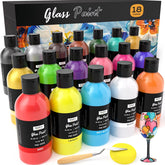 18 Colors Acrylic Glass Paint Set (8.45 Oz, 250 Ml) Large Bulk Enamel & Ceramic Painting Supplies Kit For Wine Bottle Glass Jars Windows With Sponge & Art Knife, Opaque Gloss Finish