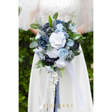 10 Inch Dusty Blue Wedding Bouquets For Bride Artificial Roses Flower Cascading Cascade Bridal Bouquet For Rustic Boho Fall Vintage Wedding Ceremony Party And Anniversary
