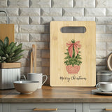 Pink Chinoiserie Merry Christmas Cutting Board, Grandmillennial Christmas Kitchen Decor, Preppy Pink Bow Coquette Xmas Tree Bamboo Cutting Board For Kitchen
