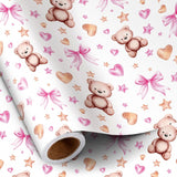 Bear Bow Wrapping Paper Roll For Baby Girl, Mini Roll, Pink Bear With Heart, Bow And Star Gift Wrap Paper For Baby Shower, Birthday And Special Occasions, 17 Inches X 16.4 Feet