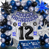 12Th Birthday Decorations For Boys And Girls Dark Blue, 12 Year Old Party Supplies With Happy Birthday Banner 12 Balloon Number Tablecloth Foil Star Balloons Garland Arch Kit