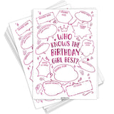 50 Who Knows The Birthday Girl Best Game Cards, Fun Birthday Games For Kids & Adults, Pink Bubbles