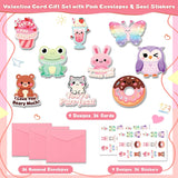 36 Pack Valentines Day Cards For Kids School – Adorable Die-Cut Animal & Food Classroom Valentines With Pink Envelopes & Stickers, 9 Cute Designs For Boys, Girls & Teachers