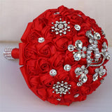 Handmade Rhinestone Brooch Satin Bridal Bouquet,Crystal Wedding Round Tossing Bouquet Mini,Artificial Flower Bunch With Diamond Pearl Ribbon 5.9"(95#Red)