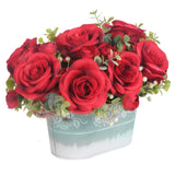 Artificial Rose Flower Arrangement For Table Centerpiece, Farmhouse Red Silk Flowers With Eucalyptus In Rustic Galvanized Metal Po Faux Floral Centerpiece For Dining Table, Home, Office Décor
