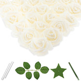 100 Pcs 3 Inch Artificial Flowers Bulk 5 In 1 Set Faux Foam Fake Rose Head Wedding Decoration Bridal Shower Centerpiece Arrangement Wall Table Decor Diy Craft (Cream)
