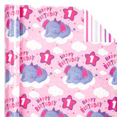 Reversible 1St Birthday Wrapping Paper - Mini Roll - 17 Inch X 33 Feet - Adorable Elephant Happy Birthday Wrapping Paper For Girls, Baby Shower, Party