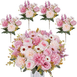 4 Pcs Pink Flowers Artificial With Chrysanthemum Flowers Fake Roses Bouquet Silk Flower Arrangements For Home Decor Wedding Party Table Centerpieces Decoration Indoor Outdoor