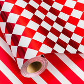 Checkered Wrapping Paper Roll - Red Metallic Foil Diamond & Stripe, Reversible Classic Pattern Gift Wrap For Birthday, Mothers Day, Fathers Day, Wedding, Christmas, Anniversary - Mini Roll - 17 In X 33 Ft