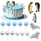 Penguin Cake Decorations Seal Cake Topper Arctic Cupcake Topper Polar Animal Figurines Mini Penguin Themed Cake Toppers Blue White Silver Ball Toppers For Birthday Winter Christmas Party