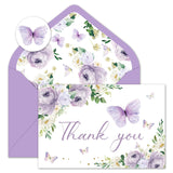 24Pcs Floral Butterfly Thank You Cards Purple Flower Greeting Cards With Envelope Stickers Spring Watercolor Blank Note Cards For Birthday Wedding Baby Shower Bridal Shower, 4 X 6 Inch