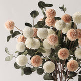 Beige White Faux Kiku Flower 25 Heads+18 Eucalyptus, Long Stem Pom Pom Fake Mums Artificial Flowers For Vase Silk Chrysanthemum For Centerpiece Bouquet Floral Arrangement Tan Nude Neutral Cream