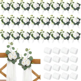 24 Sets Wedding Aisle Decorations For Wedding Ceremony Chair Artificial Roses And Eucalyptus Leaves With White Chiffon Ribbons For Reception Chair Arrangement Church Pew Flowers Decorations
