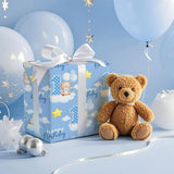 1St Birthday Wrapping Paper Roll For Toddler Boy, Mini Roll, Blue Bear Clouds Balloons And Number 1 Gift Wrap Paper For First Birthday, Baby Shower Celebration, 17 Inches X 16.4 Feet