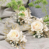 2Pc Pack-Handmade Artificial Flower Rose With Gold Leaves Ribbons Artificial Pearls Wrist Corsage Hand Flower With Elastic Wristband For Girl Bridesmaid Wedding Party Prom (Wrist Corsage)