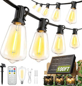 100FT Solar ST38 String Lights Waterproof Remote Timer USB & Solar Powered Patio Lights
