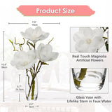 Faux Flowers In Vase 15.4" Magnolias Flowers Arrangement With Faux Water Real Touch Flowers For Wedding Table Centerpiece Home Decor, White