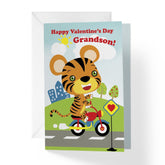 Valentines Day Cards For Grandson, Grandchild, Or Kid With Envelope - Cute Tiger On Bike Cartoon Coloring Book Valentine Card | 5”X7.5” | (Single Card)