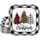 40Pcs Merry Christmas Paper Plate Square Plaid Xmas Tree Disposable Plate White Black Checkered Dinnerware Plate 9 Inch For Winter Party Supplies Table Decor