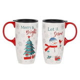 Christmas Ceramic Coffee Mug Tall Ceramic Cup With Lid And Matching Color Box Latte Mug.17 Oz. Christmas Tree And Snowman,Set Of 2