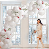 135 Pcs Christmas Balloon Garland Arch Kit White Balloons With Artificial Snowy Pine Branches And Red Berries Stems For Christmas Party Decorations New Year Holiday Party Supplies