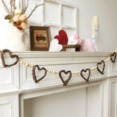 Valentine'S Day Garland: Natural Vintage Rattan Heart Banner With Wood Beads, Rustic Neutral Valentines Decorations Indoor Outdoor For Mantle Fireplace Wall Home Farmhouse Decor