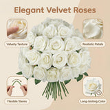 25Pcs Real Touch Fake Roses 4 Inches Velvet Faux Roses Realistic Artificial Flowers Silk Roses With Stems Bouquet For Wedding Decor Decorations Table Decor Centerpieces(Cream White)