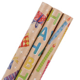 Happy Birthday Gift Wrapping Paper - 3 Mini Rolls 17" X 120" - Brown Kraft Wrap Paper Roll For Kids, Boys And Girls