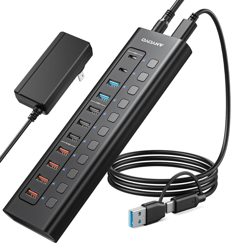 Powered 11-Port Usb Hub With 4Ft 2-In-1 Cable, 48W Usb Hub (5 Usb-A+2 Usb-C+4