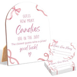 51 Pcs Pink Bow Guess How Many Candies Are In The Jar Game, Pink Baby Shower Game, 6X8 Inch Arch Wooden Sign With Stand And 50 Guessing Cards, Gender Neutral Party Decoration - Wf01