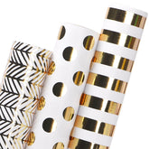 Birthday Wrapping Paper White And Gold Gift Wrapping Paper For Christmas Mini Roll, 3 Rolls Polka Dots Stripes Geometry Pattern With Gold Foil - 17 Inch X 120 Inch(10Feet) Per Roll
